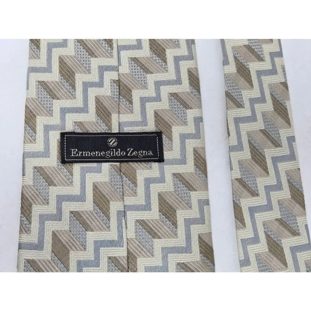 ERMENEGILDO ZEGNA SILK TIE CREAM BLUE TAN WOVEN TEXTURED SATIN 4